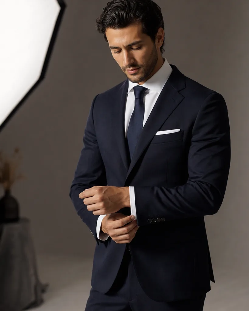 Menswear model in a tailored suit on a studio shoot